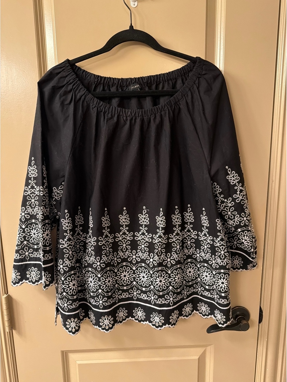 Talbots Black and White Embroidered Peasant Blouse with 3/4 Sleeves